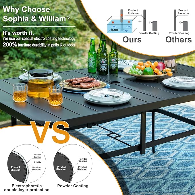 Sophia & William 7 Pieces Outdoor Dining Set for 6, Metal Outdoor Patio Furniture Set with Rectangular Patio Dining Table and Swivel Chairs, Conversation Bistro Set for Garden, Poolside, Yard