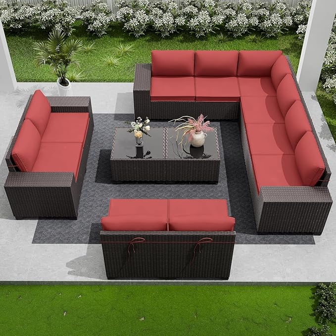 Outdoor Patio Furniture Set, 12 Pieces Outdoor Furniture All Weather Patio Sectional Sofas PE Wicker Modular Conversation Sets with Coffee Table,10 Chairs & Seat Clips Red.