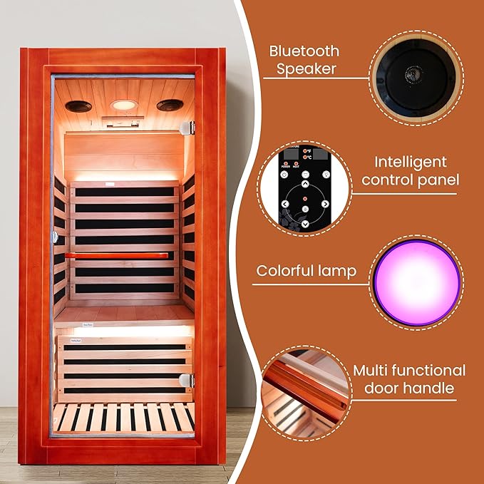 Infrared Sauna for Home Indoor Sauna Wooden Dry Sauna Room Low EMF 1020W for 1 Person with Control Panel, Bluetooth Speaker, Reading Lamp