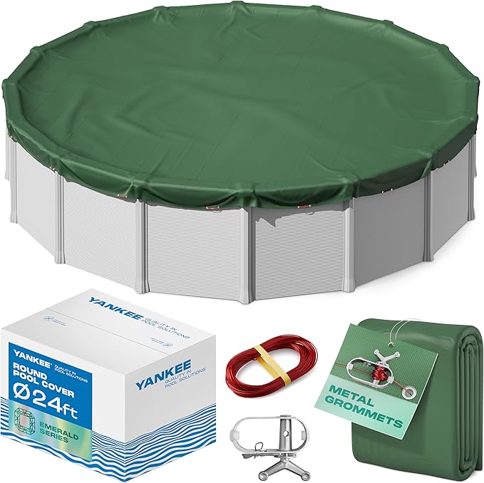 Yankee Emerald Series Pool Covers for Above Ground Pools | Round 24 ft Swimming Pool Cover w/Steel-Core Cable, Winch for Winterization | 9 mil Medium-Thickness for Off-Season, On-Season Protection