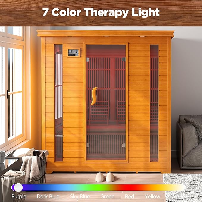 4 Person Far Infrared Sauna Indoor, Low EMF Wooden Sauna at Home with Bluetooth, Therapy Light, LCD Panel