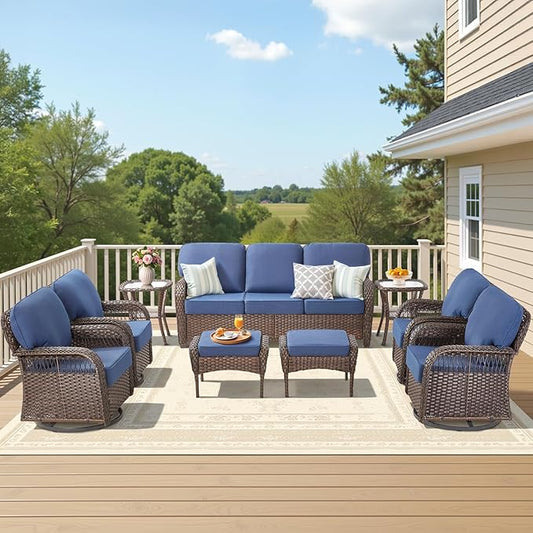 9 Pieces Patio Furniture Set Outdoor Sectional Sofa Couch with Rocking Swivel Chairs 5" Deep Seat Chairs, Modern Wicker Rattan Conversation Set, Blue/Brown Wicker