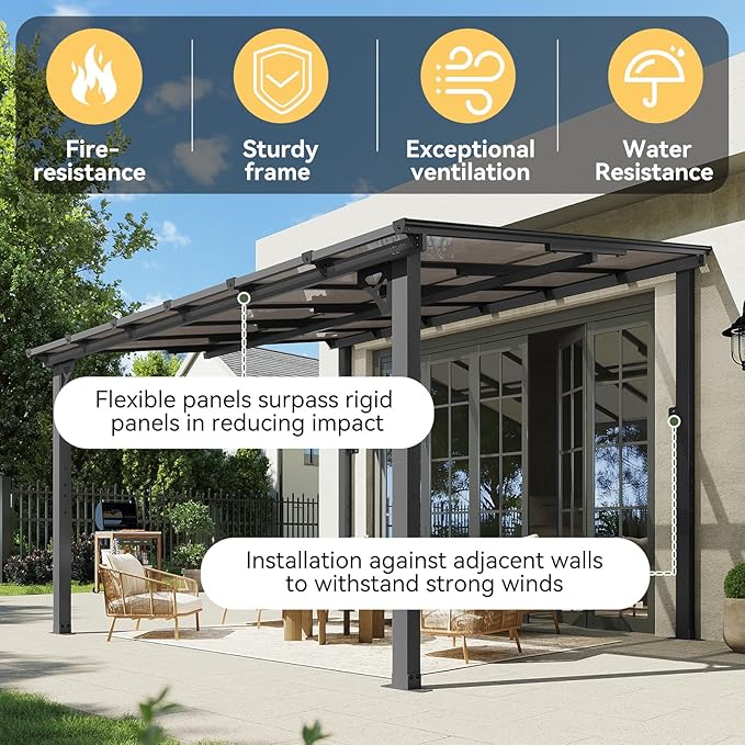 Aoxun 10' x 12' Gazebo for Patio, Gazebo Pergola with Sloped Roof, Large Wall-Mounted Heavy Duty Awnings, for Backyard, Deck, Patio (Gray Polycarbonate Panel)