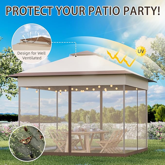 Bezseller 11x11 Pop Up Gazebo Tent with Mosquito Netting – Quick Set Up, Water-Resistant Outdoor Canopy for Patio, Garden, Backyard, and More,Khaki