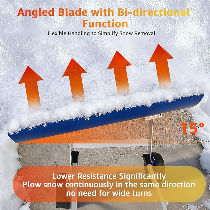 37-inch Snow Pusher Shovel with Wheels, Lightweight Aluminum Alloy Snow Plow for Driveway & Sidewalks, Reversible & Angled Blade, 90° Ergonomic Handle for Efficient Snow Removal, Back Saver