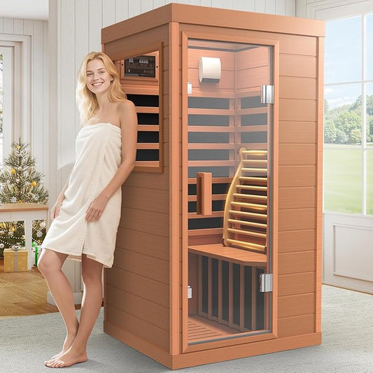 Upgraded 1 Person Sauna Infrared Sauna with Backrest, Hemlock Dry Sauna Indoor Wood Sauna for Home, 1062W 110V Red Light Far Infrared Sauna Low EMF with Integrated Speakers, Reading Lamp (Red)