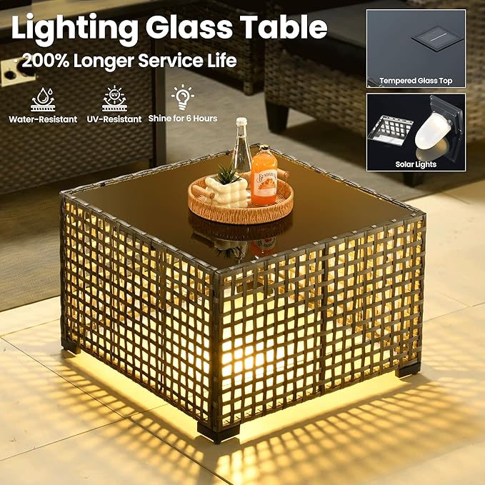 ovios 7 Pieces Patio Furniture Set with 42" Fire Pit Table, Outdoor Sofa Couch with Solar Lights Table Comfy Cushions, Modern Deep Seat Wicker Rattan Conversation Set, Black