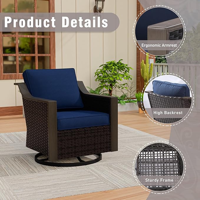 5 Piece Wicker Patio Conversation Set, All-Weather Use Outdoor 2 PE Rattan Swivel Chair, 2 Ottoman, 1 Patio Sofa, Removable Water-Resistant Cushion, Ideal for Porch, Backyard, Balcony, Poolside, Blue