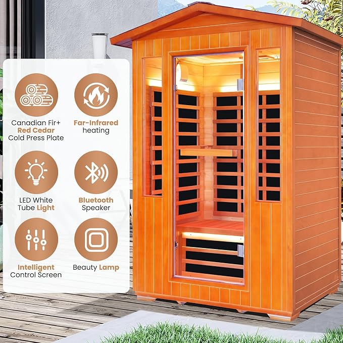Outdoor Sauna 2 Person Far Infrared Sauna with LED Beauty Lamp Dry Spa Room Low-EMF 2080W 110V Bluetooth Speakers 48.8"x38.2"x81.9"