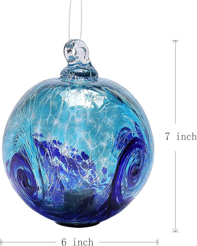 6-Inch Solar Hanging Glass Gazing Ball Outdoor Garden Décor Aqua-Blue Swirl