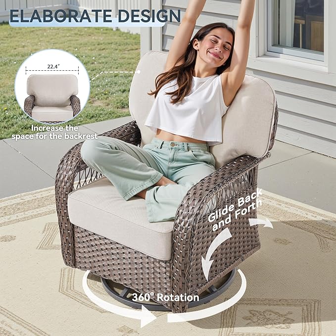 Outdoor Swivel Rocker Chairs - Patio Rocking Chairs Set of 2, 3PCS Wicker Patio Set with 5" Thick Cushion and Side Table, Rattan Patio Swivel Rocking Chairs for Porch, Deck, Backyard Beige/Brown