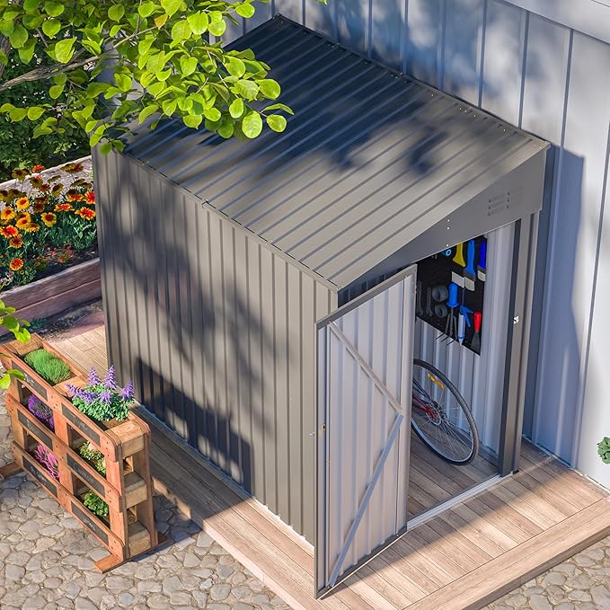 4x8 FT Outdoor Storage Shed,Lean to Lockable Metal Garden Shed Steel with Reinforced Beams,All Weather Waterproof Storage House W/Lockable Door,for Backyard,Patio,Lawn,Garden,Dark Gray