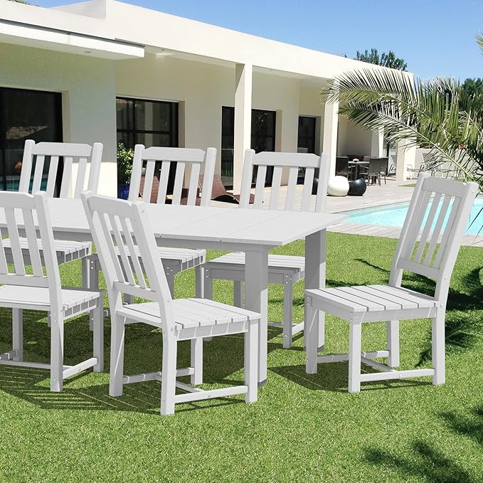 LOUNZY 9 Pieces Patio Dining Sets, Outdoor HDPE Furniture Set for 8 w/ 2" Hole Cut-Out Dining Table 75.2in with 8 Patio Chairs(2 W/Armrest, 6 w/o Armrest), White