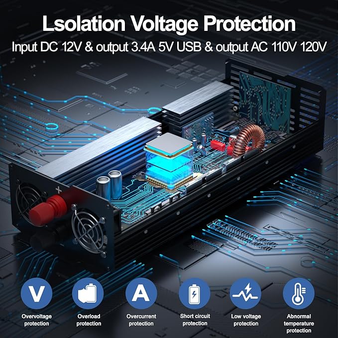 3000W Power Inverter,Peak Power 6000W 12V DC to AC 110V120V,with 3 AC Outlets and 3.4 A USB Port,LED Display for Power Converter,Outdoor Activities,Emergency,Vehicles Truck RV Solar System