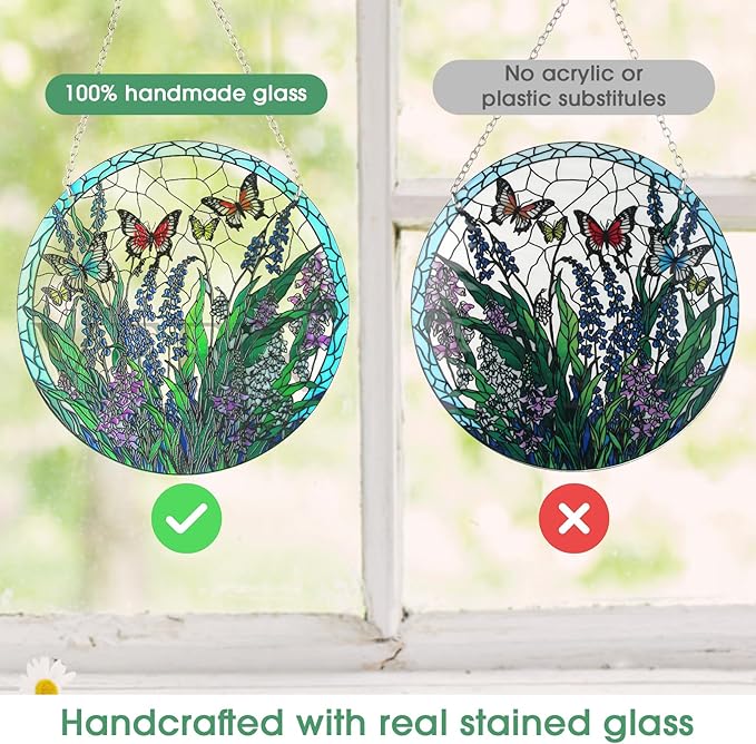 Stained Glass Window Hanging, Hand-Painted Butterfly and Flowers Suncatcher, 6 Inch Round Glass Panel Indoor Window Art, Home and Garden Decor, Mother’s Day