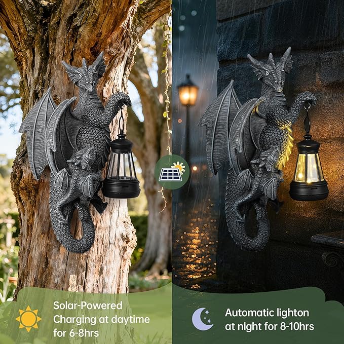 Solar Garden Decor Dragon Tree Hugger Garden Statues Lawn Ornaments for Outside Balcony Yard Whimsical Art Outdoor,Medieval Fantasy Halloween Decor