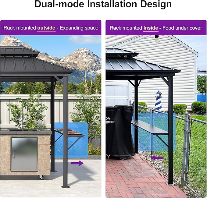 PURPLE LEAF 6' X 8' Hardtop Grill Gazebo for Patio Permanent Aluminum Barbeque Shelter Canopy with Ceiling Hook and Shelves Double Tiered Grey Outdoor BBQ Gazebo