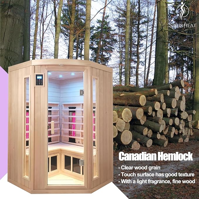 Infrared Saunas 2-3 Person, Ceramic Infrared Sauna for Home, Low EMF Indoor Home Sauna Spa, Ultra Large Size Corner Sauna, Hemlock Wood Sauna Room, Bluetooth Speakers, Chromotherapy Lights
