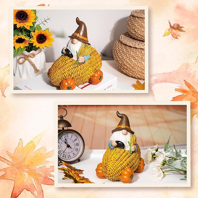 Autumn Gnome Statue Corn Car with Pumpkin Wheel Enchanting Fall Resin Figurine for Thanksgiving Party Home and Outdoor Decor