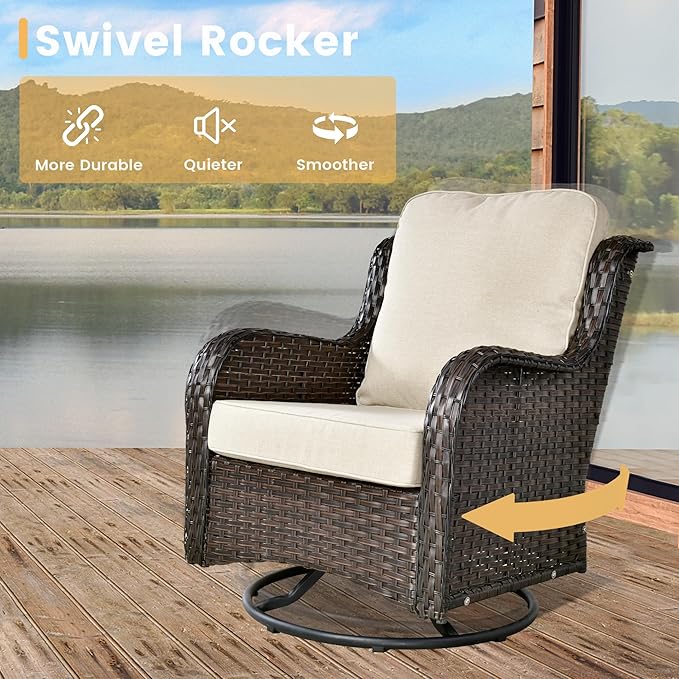 HOOOWOOO Patio Furniture Set,6 Piece Outdoor Furniture Set with Swivel Chairs,Wicker Patio Conversation Couch Chairs Ottoman Set,Beige