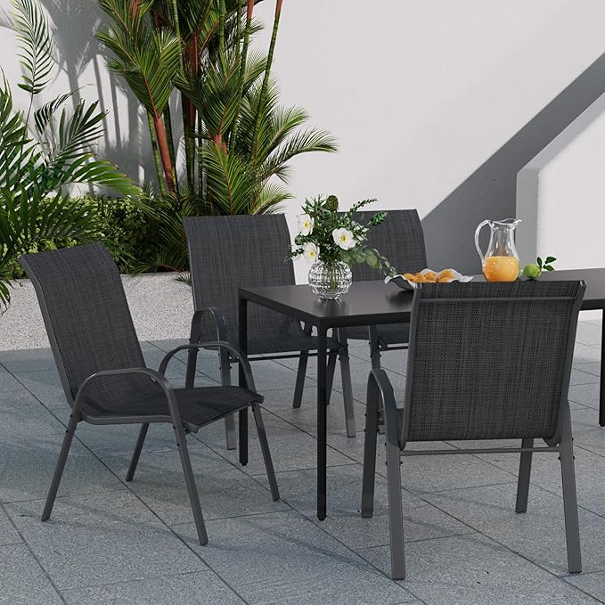Patio Dining Chairs Set of 2, Outdoor Stackable Chairs, Breathable Seat and Alloy Steel Frame Fit for Backyard,Garden,Porch, Lawn，Poolside (Dark Grey)