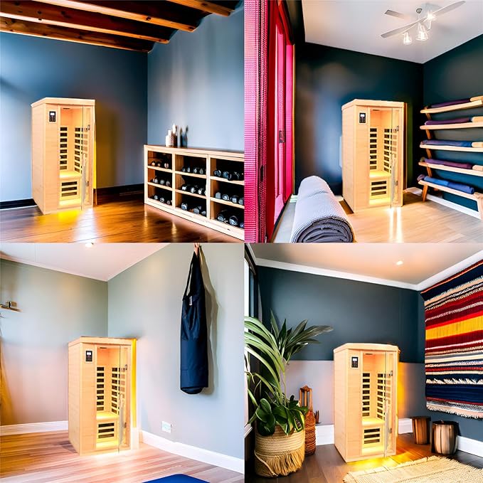 1 Person Low EMF FAR Infrared Sauna, Canadian Hemlock Home Saunas, 6 Heating Panels Personal Sauna Room,1460watt Indoor Saunas with LED Reading Lamp, LCD Display-Control, Bluetooth Speakers