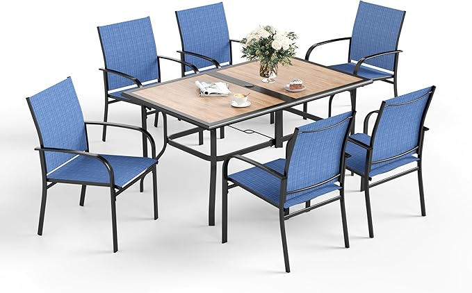 7 Pcs Patio Dining Set for 6, Rectangular Metal Dining Table (PVC Table Top) with Umbrella Hole and 6 Chairs, Outdoor Dining Set for Lawn Garden Deck, Blue