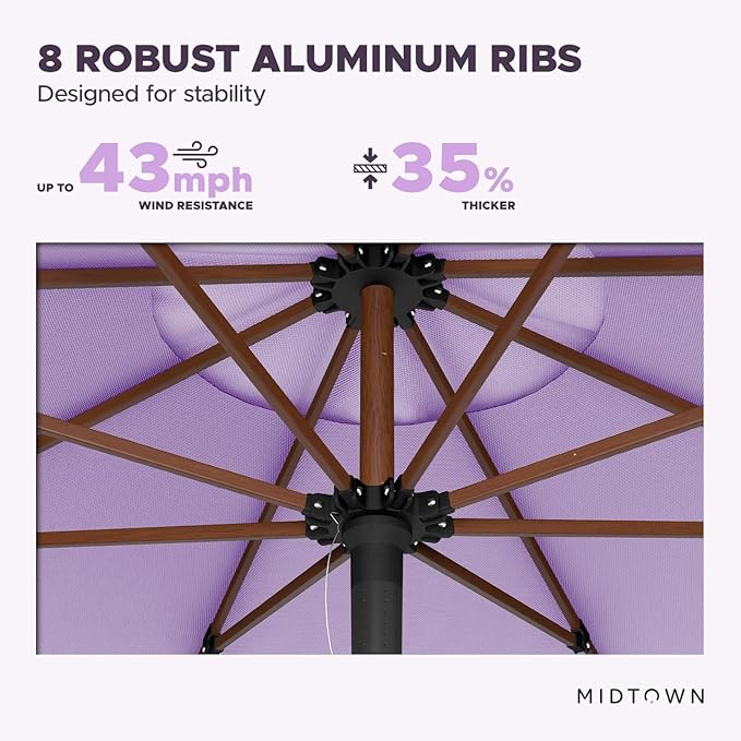 Midtown Umbrellas The Wooden 10 Feet Patio Umbrella With Terylast Midtown Purple Polyester Fabric - Aluminum Frame Market Umbrella For Backyard, Deck, Garden, Pool - Wooden Pole
