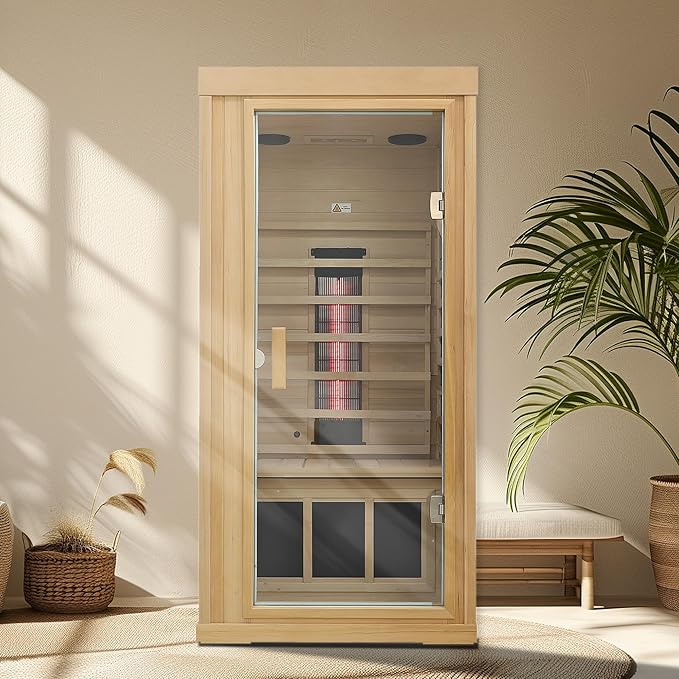 Ceramic Infrared Sauna, 1 Person Infrared Sauna, Hemlock Wood Home Sauna Spa, Far Infrared Sauna Indoor, Low EMF Infrared Saunas for Home with Smart Display, Bluetooth Speaker,1,240 watt