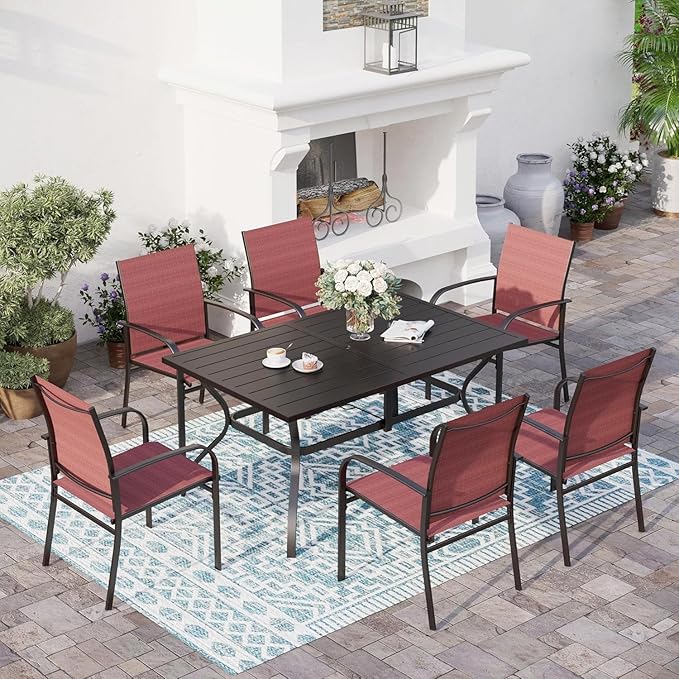 7 Piece Patio Dining Set for 6, Rectangular Metal Dining Table with Umbrella Hole and 6 Chairs, Outdoor Table and Chairs Set for Lawn Backyard and Deck, Red