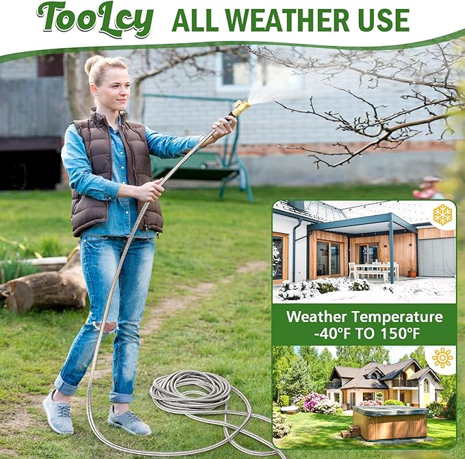 TOOLCY Garden Hose 50FT x 1/2inch, 304 Stainless Steel Garden Hoses, Heavy Duty Metal Water Hoses for Outdoor Flexible, No-Kink & Tangle, Puncture Resistant