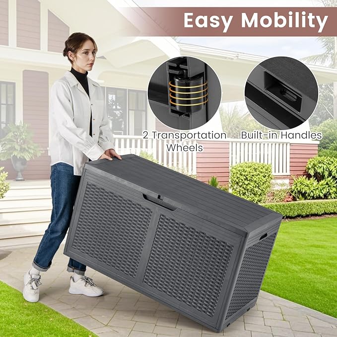 HAPPYGRILL 100 Gallon Resin Deck Box Outdoor Waterproof Storage with Lockable Lid, Rattan Texture Storage Container with Wheels for Pool Accessories, Garden Tool, Patio Furniture Cushion (Grey)