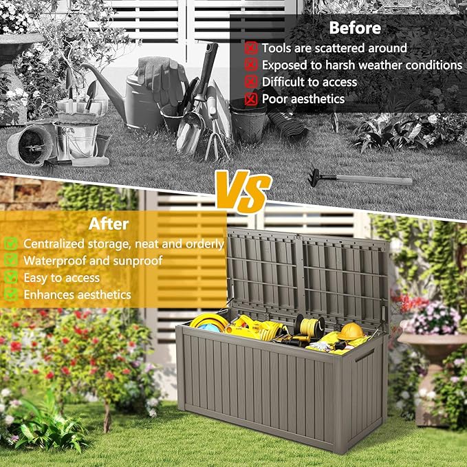 200 Gallon Deck Box, Resin Outdoor Indoor Waterproof Storage Box, Lockable Storage Box With Handle for Patio Furniture - Garden Tools - Swimming Pool Tools UV-Resistant, Grey