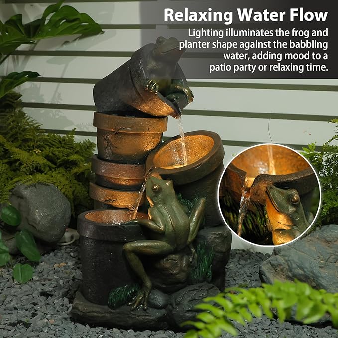27.2''H Garden Fountains Outdoor Water Fountain,3 Tier Cascading Barrel Frog with LED Lights & Pump for Farmhouse Patio Yard Deck Home Lawn Porch House Decorations