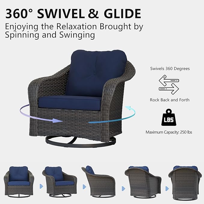 Wicker Swivel Rocking Chairs Set 2 with Storage Side Table - Outdoor Brown Wicker Swivel Glider Chair Outdoor Rocking Chair with Water-Resistant Cushions, Blue