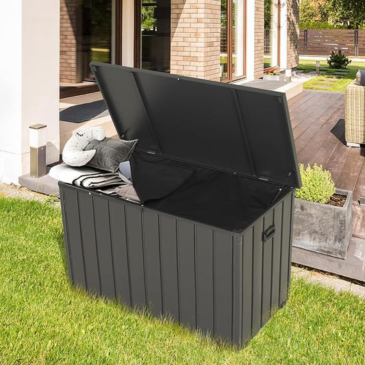Outdoor Storage Box, 120 Gallon Metal Deck Box Built-in a Oxford Fabric Storage Bag, Lockable & Waterproof Outside Patio Storage Box - Gray