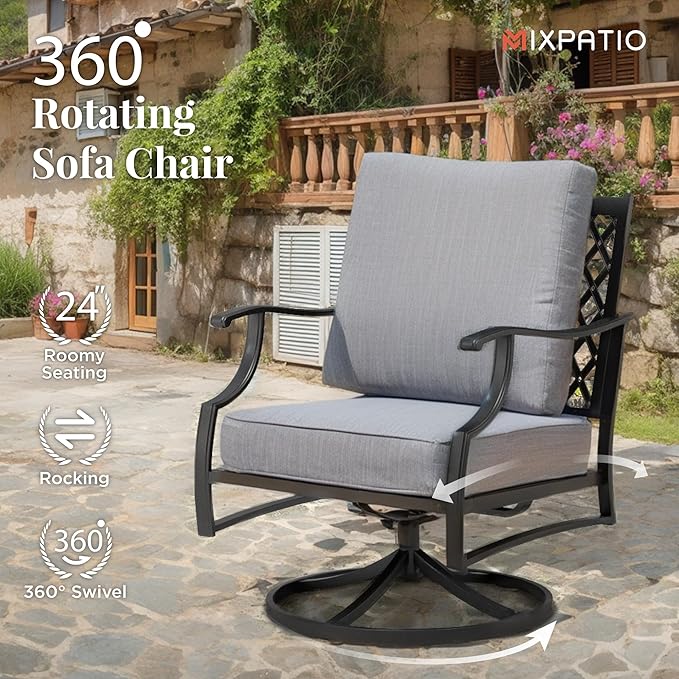 Patio Furniture Set 4 pcs, Outdoor Patio Furniture, 3-Seat Sofa, 2 Swivel Chairs, Coffee Table and 5.75" Extra Thick Cushion, Patio Conversation Set for Backyard Deck,Grey