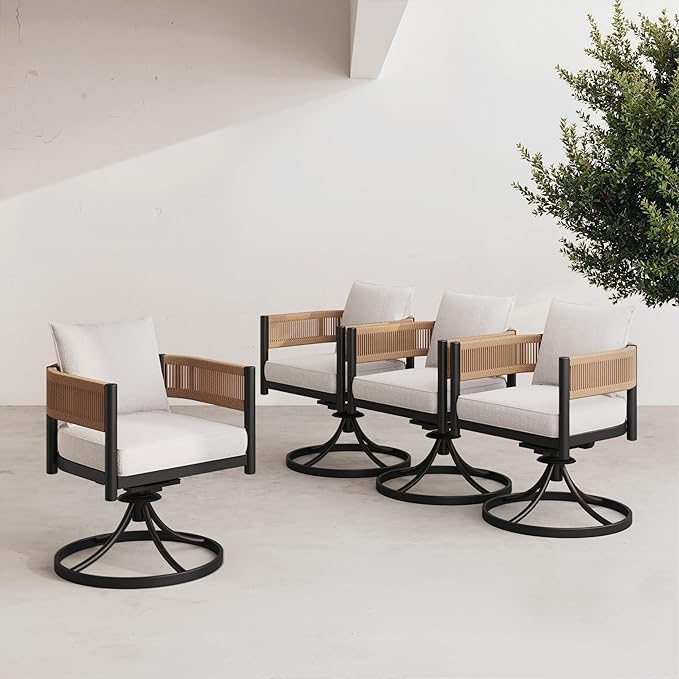 Grand patio Outdoor Dining Chairs Set of 4, 4 Pieces Patio Dining Chairs, Metal Woven Wicker Swivel Patio Chairs with Light Beige Cushions for Backyard, Deck, Garden, Lawn and Poolside (Natural)