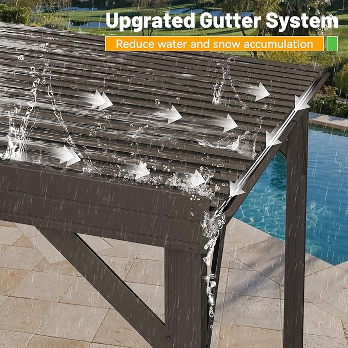 10x10FT Lean to Gazebo, Outdoor Hardtop Wall Mount Gazebo with Gutter & Sloping Galvanized Steel Roof, Metal Hard Top Awnings for Deck, Porch, Backyard- Brown