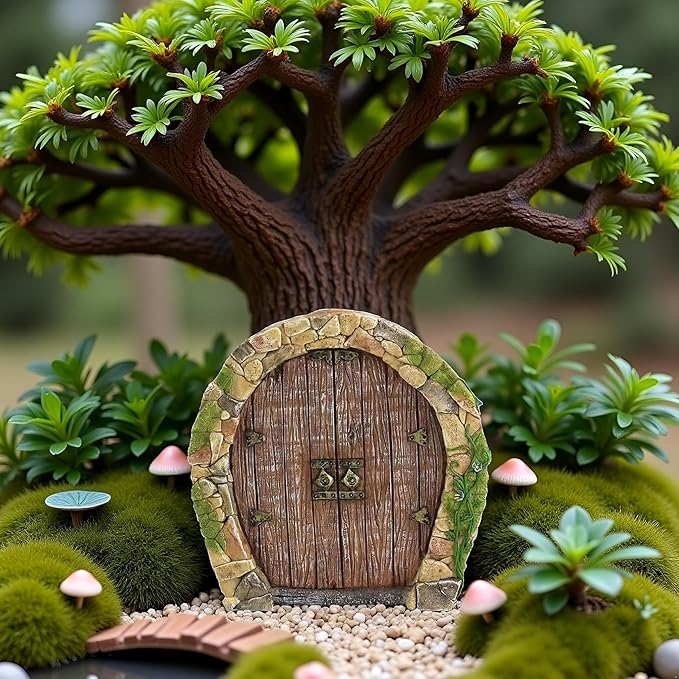Brown Mini Fairy Garden Door for Tree, 3D Miniature Fairy Door, Bonsai Terrarium Micro Landscape Decoration Accessories, Garden Miniatures
