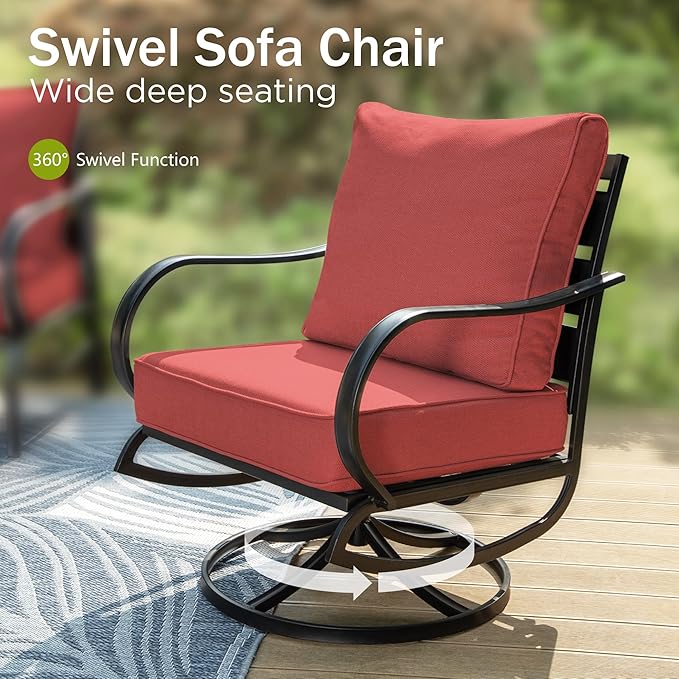 PHI VILLA 6 Piece Patio Furniture Sets with 1 x 3-Seat Deep Seating Bench, 2 x Cushioned Swivel Sofa Chairs, 1 x Coffee Table & 2 Ottoman, Outdoor Metal Conversation Set for Lawn Garden Yard, Red