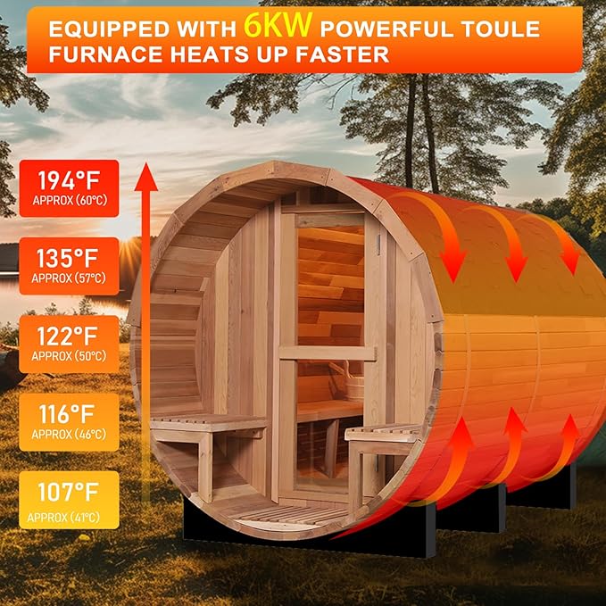 Outdoor Barrel Sauna, 6 Person Wood Steam Saunas Room with Porch, 6kw Toule Electric Heater with Sauna Stone, Canadian Cedar, Roof, 94.48”*70.86“*70.86“ (Cedar)