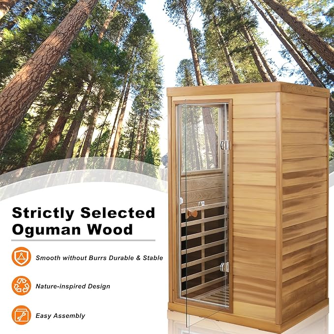 Infrared Sauna for Home, 1 Person Sauna Box, Low EMF 1050W/120V Indoor Sauna Spa with Control Panel & Bluetooth Speakers, LED Lamp, 63.42"x28.35"x62.60"