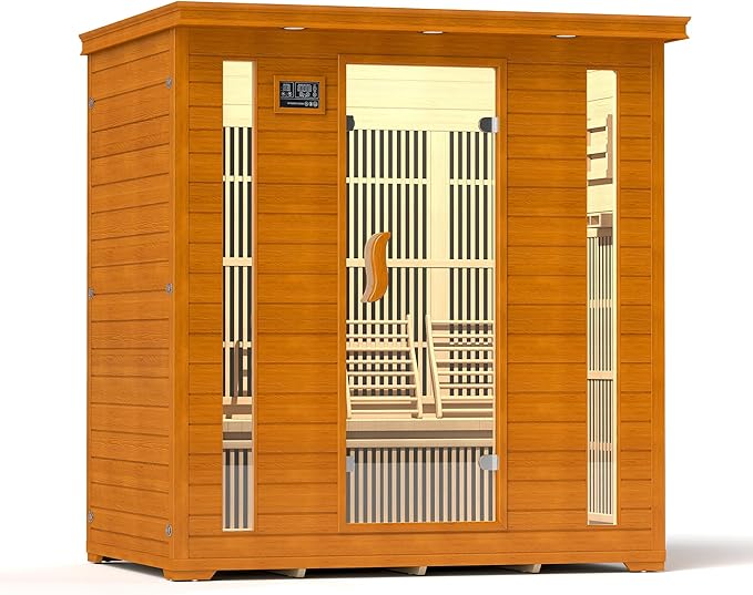 springspa 4 Person Infrared Sauna Room, Low EMF FAR Infrared Sauna for Home, Canadian Hemlock Wooden Indoor Sauna, with 10 Heating Panel, 2 LCD Panel, Bluetooth Speaker, 7 Therapy Light