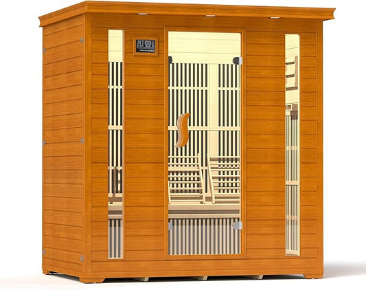 springspa 4 Person Infrared Sauna Room, Low EMF FAR Infrared Sauna for Home, Canadian Hemlock Wooden Indoor Sauna, with 10 Heating Panel, 2 LCD Panel, Bluetooth Speaker, 7 Therapy Light