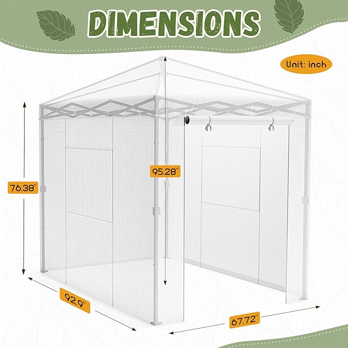 Devoko Walk-in Greenhouse, Portable Pop-in Green House with Zippered Door and 2 Roll-up Windows and PE Cover, Portable and Easy Assemble (White, 8x6 Feet)