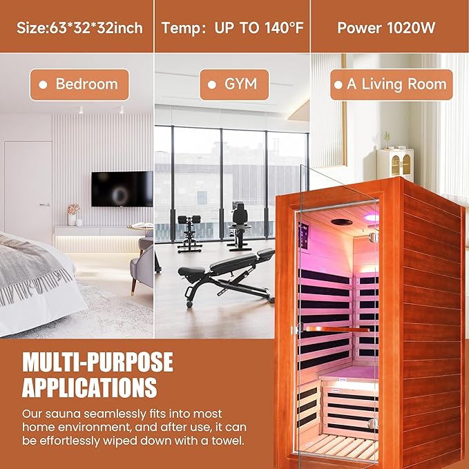 Infrared Sauna for Home Indoor Sauna Wooden Dry Sauna Room Low EMF 1020W for 1 Person with Control Panel, Bluetooth Speaker, Reading Lamp