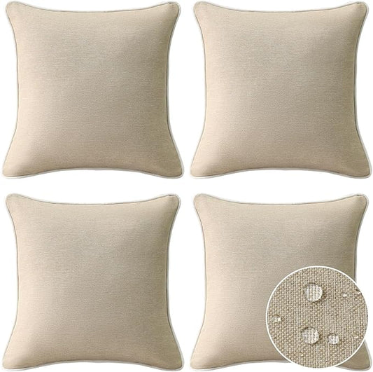 Decorative Outdoor Water Repellent Throw Pillows with Inserts, Set of 4, 20" x20" Pillows for Patio, Backyard, Bed, Couch, and Patio Furniture, Tan