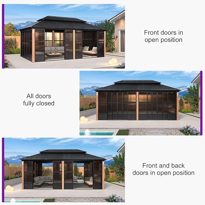 PURPLE LEAF 12' X 20' Sunroom Patio Hardtop Gazebo Double Top Galvanized Steel Roof Outdoor Screen House Aluminum Solarium Backyard Sun Room