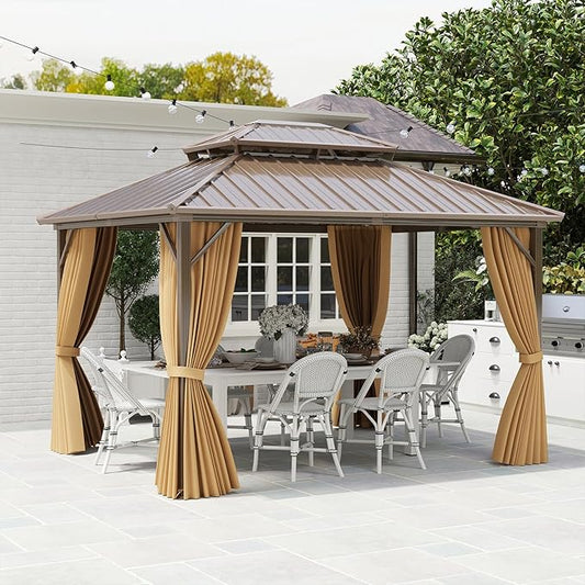 Tangkula 10x12 FT Hardtop Gazebo, Permanent Pavilion Shelter with Netting & Curtain, Heavy-Duty Double Galvanized Metal Roof, Aluminum Frame, Outdoor Gazebo for Patio Garden Deck Lawn Backyard